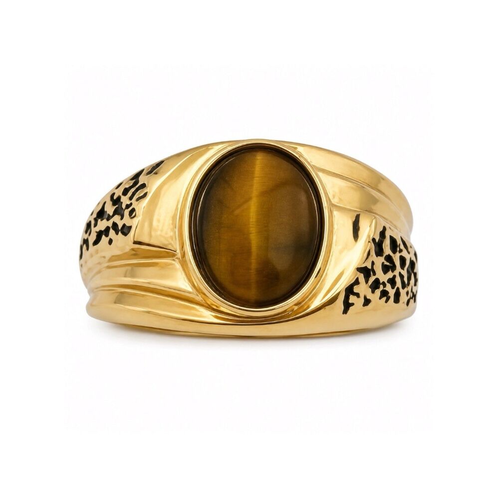 Vintage 1970s Ring Size 7 Uncas Tiger's Eye 14K Gold Plate Gent's - 14N